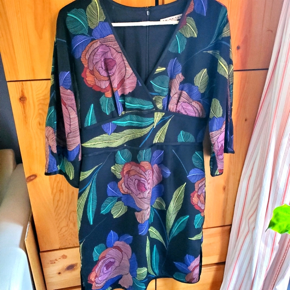 Trina Turk Black Midi Dress with Colorful Floral Design - Picture 1 of 8
